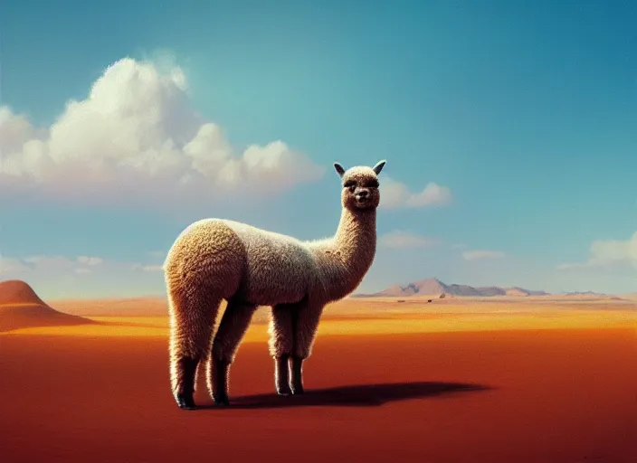 Prompt: an alpaca on a desert, artistic, trending on artstation, digital art, oil painting, pastel colours, beeple