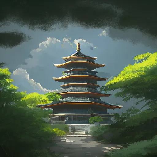 Image similar to a pagoda with a path surrounded by mountains, stormy weather. Makoto Shinkai, anime, trending on ArtStation, digital art. W- 2000