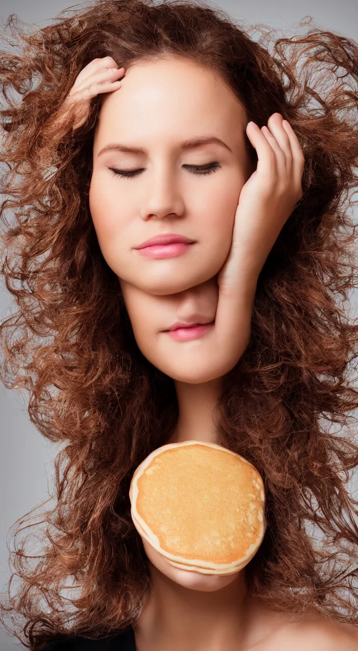 Image similar to a photo of a woman with a pancake on hear head, ultra high detail, 8 k.