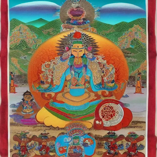 Prompt: tibetan art featuring mushroom worshipping