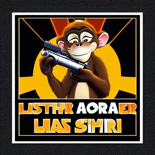 Image similar to “ logo of a monkey in the style of zootopia holding laser gun, with a black background, digital art, award winning, trending on art station, retro style ”