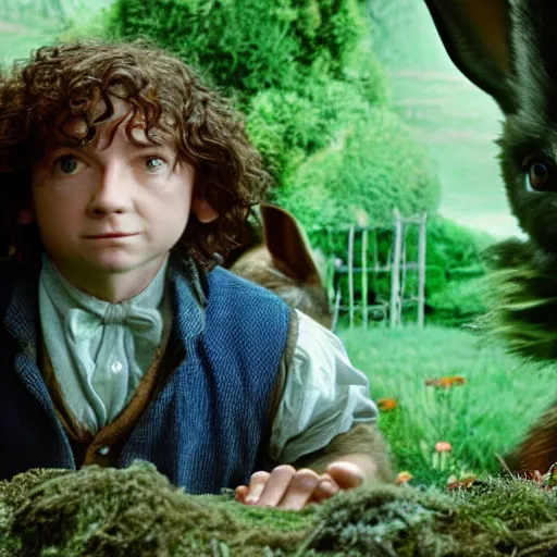 Image similar to Bartook a teen hobbit with short curly dark brown hair wearing a blue vest with a white sash standing next to a giant rabbit, high resolution film still, movie by Peter Jackson