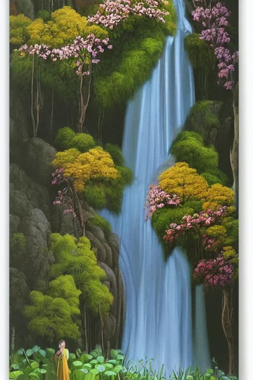 Prompt: hanging garden, waterfalls, blooming hills with spring flowers and pillars by helen lundeberg