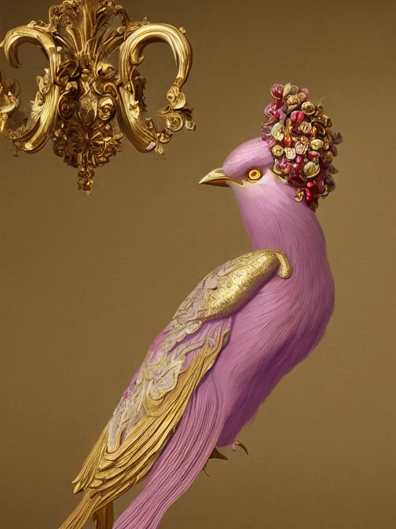 Image similar to a beautiful render of an exotic pale lilac feathered and metallic gold bird with red jewel eyes, surrounded by an elaborate decorative plaster arabesque rococo motif, by Raphael and Antoine Watteau, zbrush, redshift render, 8k, hyperreal