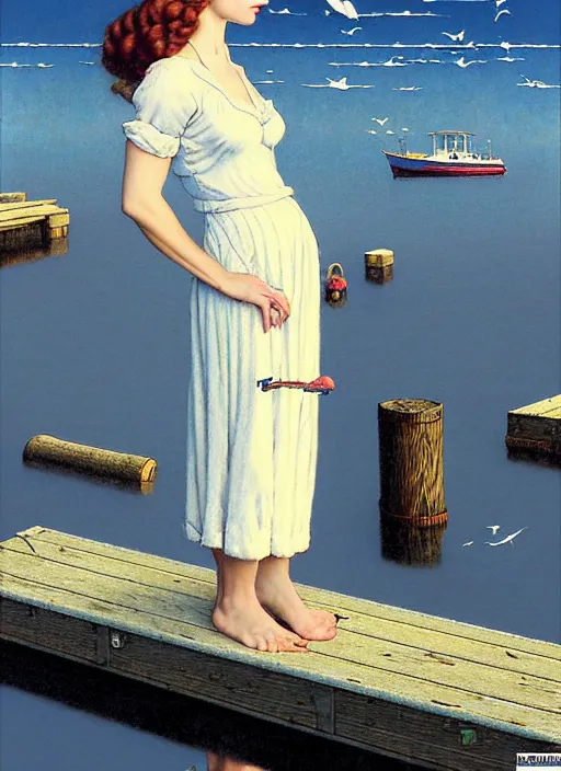 Prompt: a fancy beautiful young lady standing on a wharf at the edge of the sea by rob gonsalves and brom and gil elvgren and george petty and hilo chen and norman rockwell, crisp details, hyperrealism, high detail, high contrast, low light, grey mist, cobblestones, dim lantern