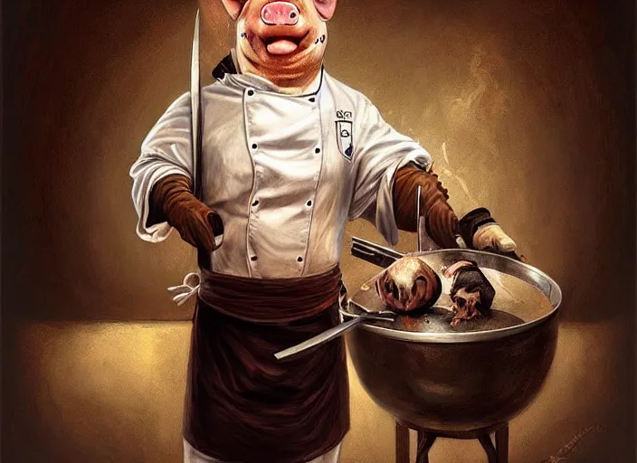Prompt: pigs is a chef, dressed as a chef, in a kitchen, holding a huge knife, mysterious gothic horror painting, elegant intricate digital painting artstation concept art by mark brooks and brad kunkle detailed