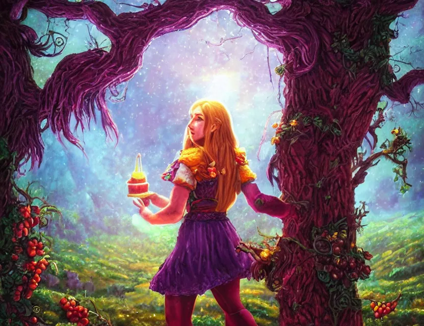 Prompt: berry priestess of the waffle mountains. oil painting by award - winning comic book artist, chiaroscuro, intricate details, bokeh, backlighting, field of depth, safe for work