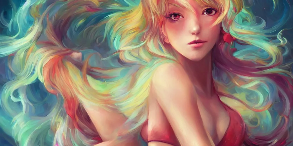Image similar to a colorful and provenance portrait painting of a fantasy female pretty anime girl in bikini, detailed, highly detailed, hair made of hair made of air wind and curling smoke, mist, dust, genie, spirit fantasy concept art ， art by charlie bowater, trending on artstation.