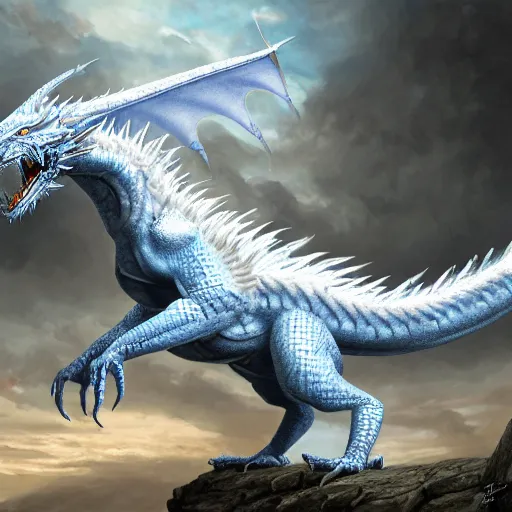 Image similar to a Blue eyed white dragon, epic background by Keith Thompson and Christopher Bretz, highly detailed, digital painting, HDRI, vivid colors, high contrast, 8k resolution, intricate, photorealistic, smooth