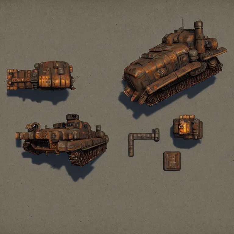 Prompt: overhead view, digital painted rusted dieselpunk tank virtual tabletop asset sheet, orthographic grid arrangement, roll 2 0, 2 - minute tabletop, battle map prop, black background, unity asset store, by greg rutkowski, trending on artstation