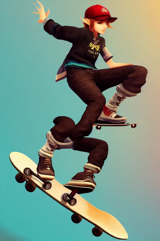 Image similar to skateboarder in attic. final fantasy style art, zelda style art, gta vice city style art, pop art, aesthetic art, stylish, elegant, dynamic lighting, artstation trending, concept art, octane, smooth, 1 6 k, beautiful, highly details, sharp focus, intricate, octane rendered, dall e 2 rendered
