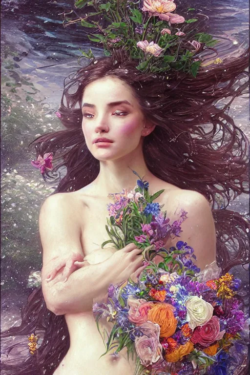 Image similar to portrait of a beautiful mysterious woman holding a bouquet of flowing flowers, wet dripping long hair, hands hidden under the bouquet, emerging from the water, fantasy, regal, intricate, by stanley artgerm lau, greg rutkowski, thomas kindkade, alphonse mucha, loish, norman rockwell