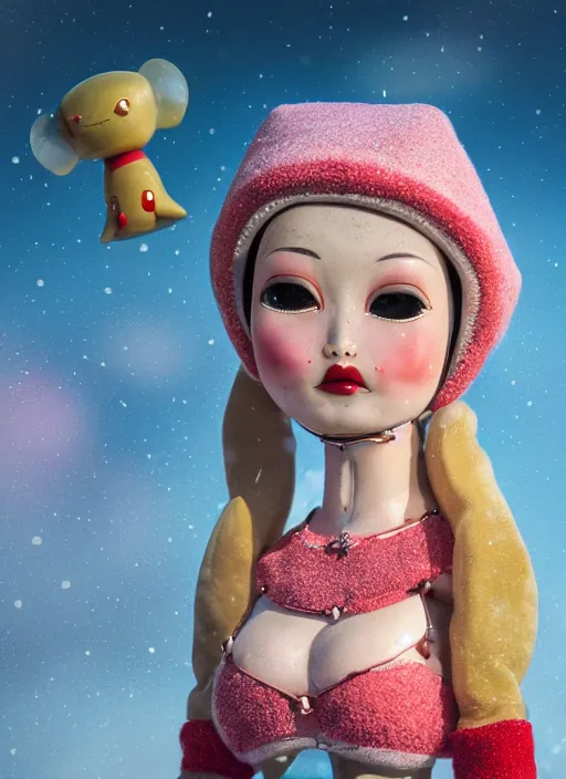 Image similar to closeup profile portrait of tin toy eskimo igloo bikini girl, depth of field, zeiss lens, detailed, symmetrical, centered, fashion photoshoot, by nicoletta ceccoli, mark ryden, lostfish, breathtaking, 8 k resolution, extremely detailed, beautiful, establishing shot, artistic, hyperrealistic, octane render