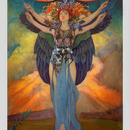 Image similar to queen of the dawn with her wings and her lantern, by Annie Swynnerton and Nicholas Roerich and Diego Rivera, flowing robes, bioluminescent skin, floral tattoos, elaborate costume, geometric ornament, symbolist, soft colors, smooth, sharp focus, extremely detailed