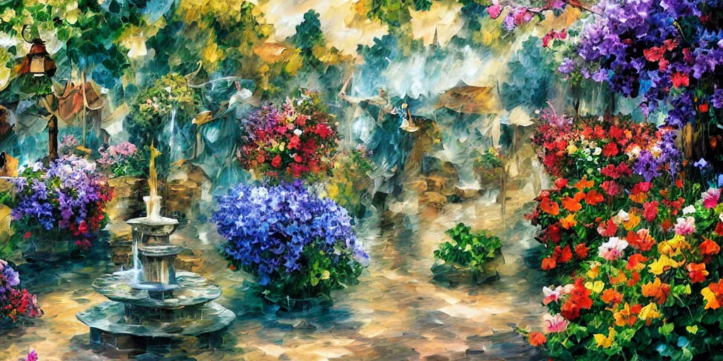 Image similar to flowers and fountains in valley village by arthur adams, charlie bowater, leonid afremov, chiho ashima, karol bak, david bates, tom chambers