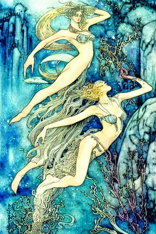 Prompt: painting of magical underwater kingdom art by luis royo and walter crane and kay nielsen, watercolor illustration, sharp focus