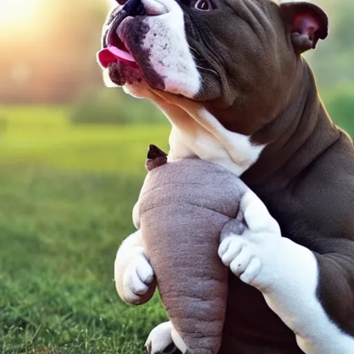 Prompt: pitbull bulldog mix with brindle coat and white paws and white chest playing with a dinosaur plushie. photo. realistic. hyper realistic. outside photography. sunny day.