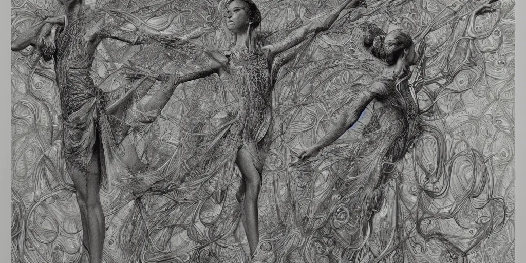 Image similar to hyper detailed bw linear pencil drawing, woman ballet dancer, organic symmetric shapes by ernst haeckel