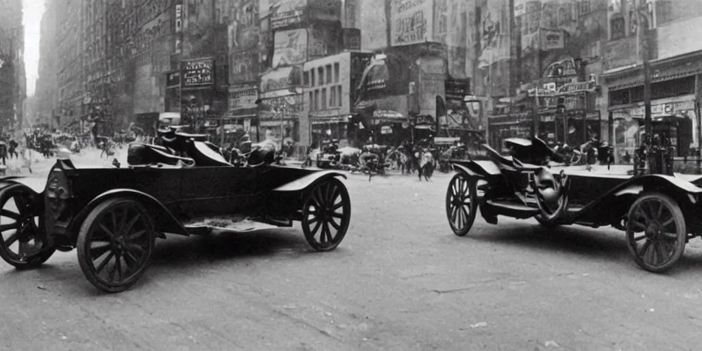 Image similar to old black and white photo, 1 9 1 3, depicting batmobile from dark knight rampaging through the bustling streets of new york city, rule of thirds, historical record