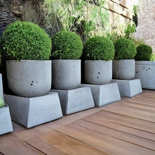 Image similar to creative concrete pots with seatings, olive trees, wpc decking on the floor