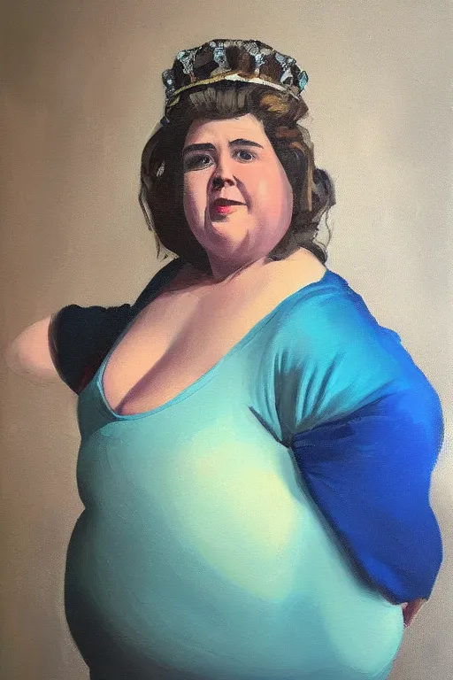 Prompt: an oil painting of the queen of Walmart, an obese woman, beautiful, fantasy, hyper realistic, dramatic lighting