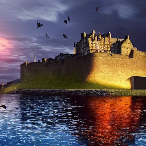 Prompt: underwater, fish swimming around Edinburgh Castle, sunset, concept art in style of Greg Rutkowki, dynamic lighting, 4k, very highly detailed