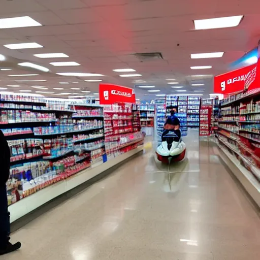 Image similar to a man driving a jetski through a cvs pharmacy, atmospheric haze