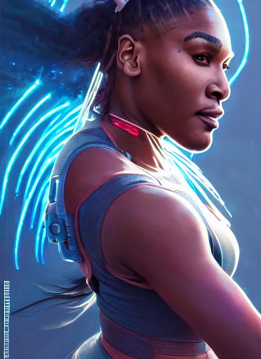 Image similar to highly detailed portrait of cyberpunk serena williams in sci - fi tennis armor, unreal engine, fantasy art by greg rutkowski, loish, rhads, ferdinand knab, makoto shinkai and lois van baarle, ilya kuvshinov, rossdraws, tom bagshaw, global illumination, radiant light, detailed and intricate environment