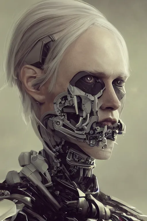 Image similar to a fancy portrait of a male cyborg with long white hair and pale skin with joints still visible by greg rutkowski, sung choi, mitchell mohrhauser, maciej kuciara, johnson ting, maxim verehin, peter konig, bloodborne, 8 k photorealistic, cinematic lighting, hd, high details, dramatic, dark atmosphere, trending on artstation