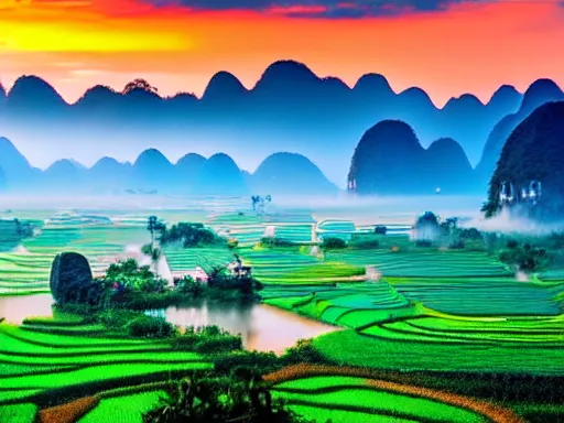 Prompt: vietnamese countryside at sunrise