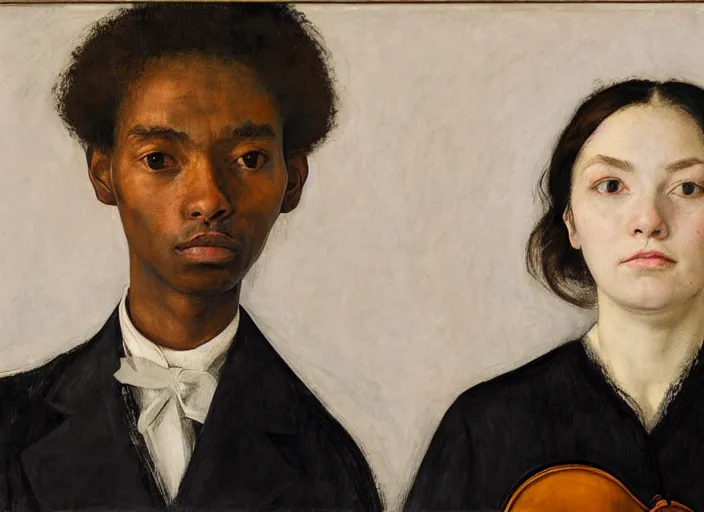 Image similar to portrait of two young nervous violin players getting ready to perform, half figure front, vincent lefevre and pat steir and hilma af klint and james jean, psychological, photorealistic, symmetrical faces, intriguing eyes, rendered in octane, altermodern, masterpiece