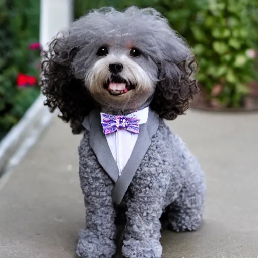 Prompt: a fancy gray miniature poodle wearing a bow tie top hat and monocolor pants