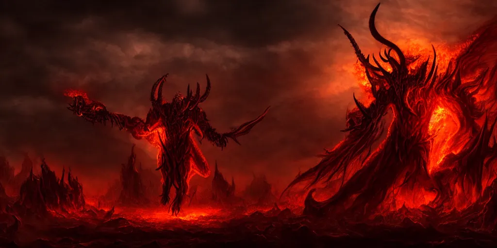 Prompt: the apocalypse, hellfire, demons, highly detailed, dramatic lighting, trending on artstation, sharp focus, cinematic,