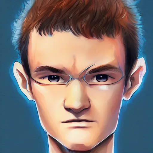 Image similar to An anime portrait of Vitalik Buterin, by Stanley Artgerm Lau, WLOP, Rossdraws, James Jean, Andrei Riabovitchev, Marc Simonetti, and Sakimichan, tranding on artstation