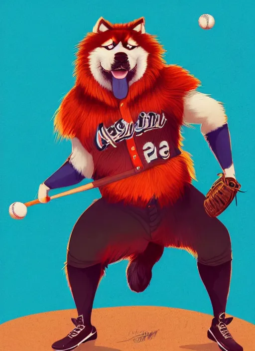 Image similar to commissioned full body portrait of a male anthro aslakan malamute with red fur playing baseball in a baseball stadium wearing a baseball uniform, by Kilian Eng, by Sandra Chevrier, trending on artstation