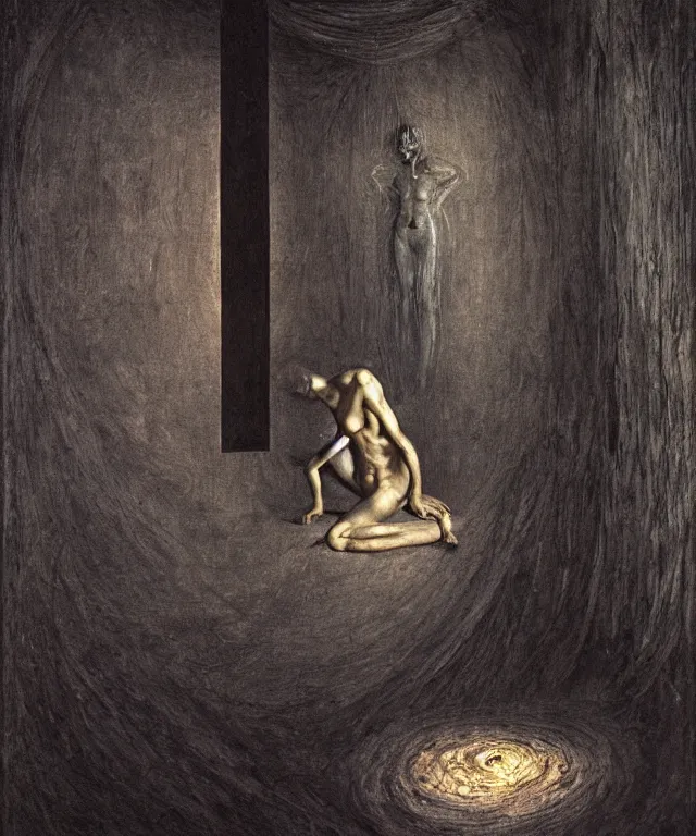 Image similar to The room without doors and windows with beautiful full-body wax sculpture of the glowing woman with visible golden bones inside her in the singularity where stars becoming baroque folds of dark matter by Michelangelo da Caravaggio, Nicola Samori, William Blake, Alex Grey and Beksinski, dramatic volumetric lighting, detailed oil painting, 8k, masterpiece