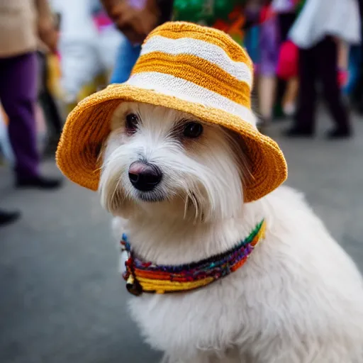 Prompt: a cream-colored Havanese dog wearing a knitted cinco de mayo poncho and hat at a fiesta in Mexico, Leica 35mm, 4K