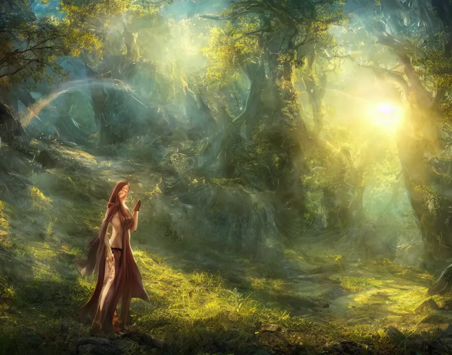 Image similar to traveling woman in magical forest, beautiful sky and sun shine, fantasy artwork, very beautiful scenery, hd, hdr, ue 5, ue 6, unreal engine 5, cinematic 4 k wallpaper, 8 k, ultra detailed, by popular digital, details, beautiful image ever created, high resolution, artstation, award winning, detailed body, details face, realistic body proportions