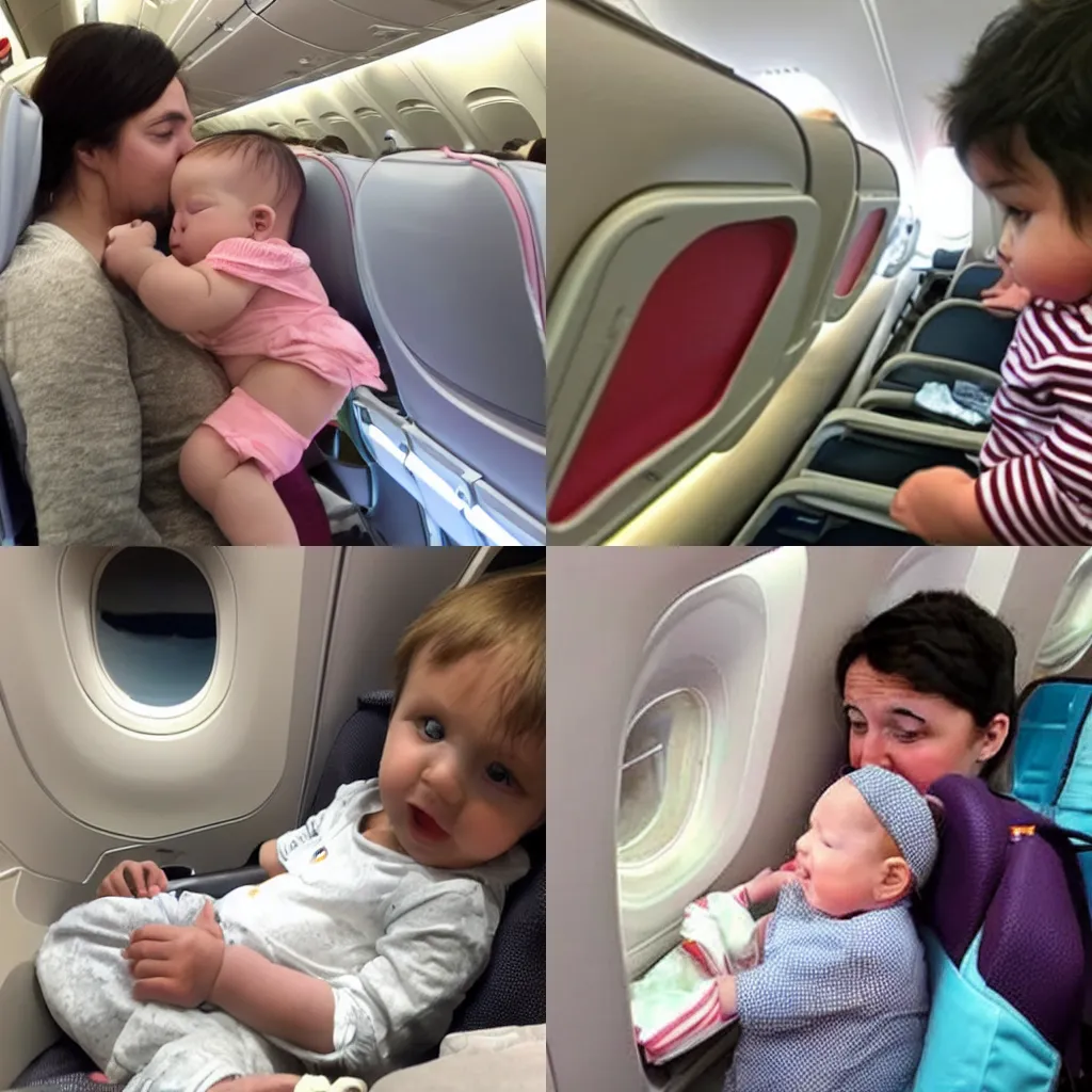 Prompt: baby destroys plain during a flight to spain