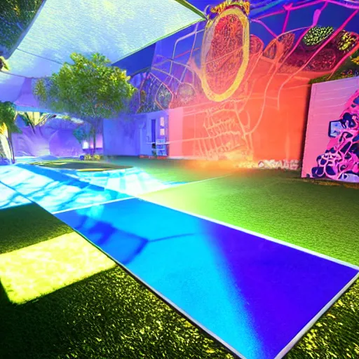 Image similar to backflip into a pool caustics lighting impressive colorful masterpiece graffiti nvidia raytracing demo