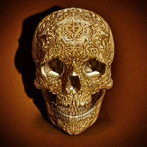 Image similar to human skull ornated, filigree, patina, gold, ornaments, 3 d design for tattoo, hyper maximalist, elegant, ornate, luxury, elite, symmetrical, unreal engine, 3 d design