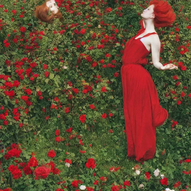 Image similar to a red headed girl with a side shave dancing by the riverside in a garden full of huge flowers by dino valls and egon schiele, fashion editorial