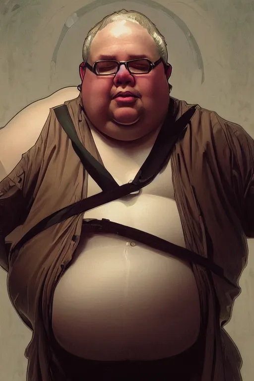 Image similar to a middle aged obese man as a canon man, realistic painting, symmetrical, highly detailed, digital painting, artstation, concept art, smooth, sharp focus, illustration, cinematic lighting, art by artgerm and greg rutkowski and alphonse mucha