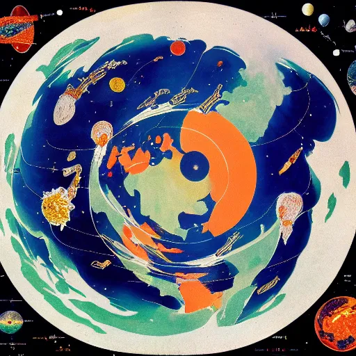 Image similar to highly detailed 6 0 s graphic poster with the world on fire, surrounded by space junk and old satellites, as seen from space, in the style of old botanical illustrations, matisse, caravaggio and japanese art, 4 k