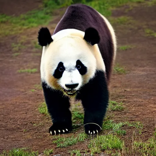 Prompt: photograph an panda wearing cowboy jacket and boots