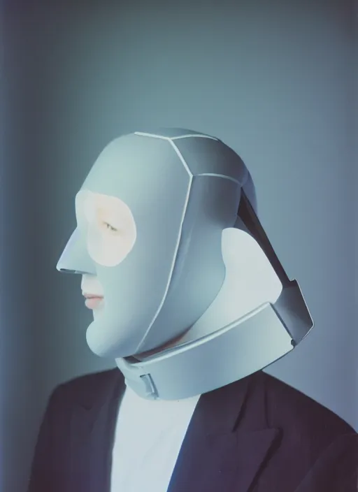 Image similar to a fashion portrait photograph of a man wearing a plastic mask designed by james turrell, 3 5 mm, color film camera,