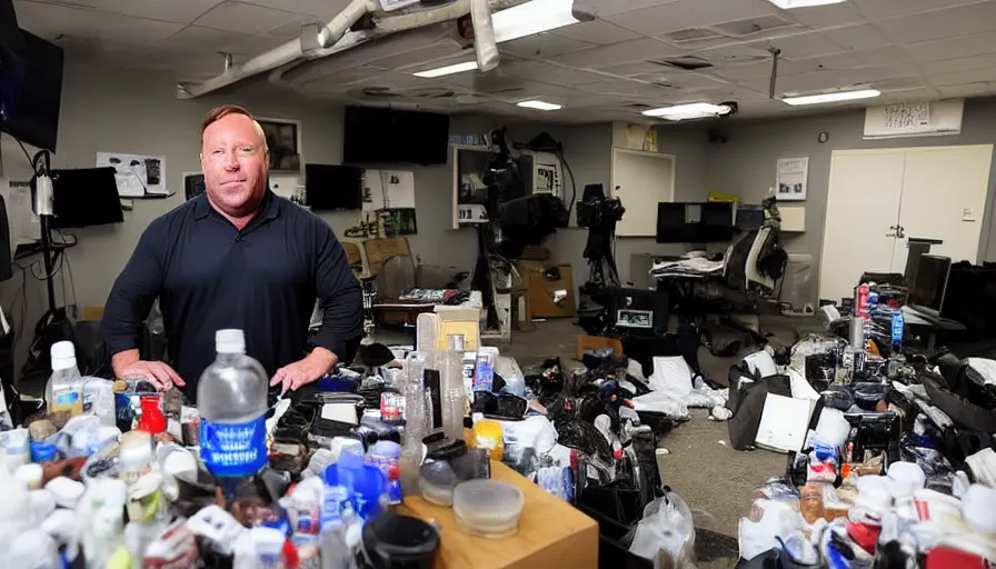 Prompt: Alex Jones in his INFOWARS studio surrounded by trash and herbal supplements and rubbish and camera equipment, SWAT group raiding the room, gas and smoke