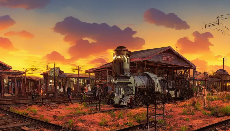 Prompt: train station roadside old west saloon cyber punk cactus graveyard sunset sky clouds illustration by syd mead artstation 4 k 8 k graphic novel concept art matte painting