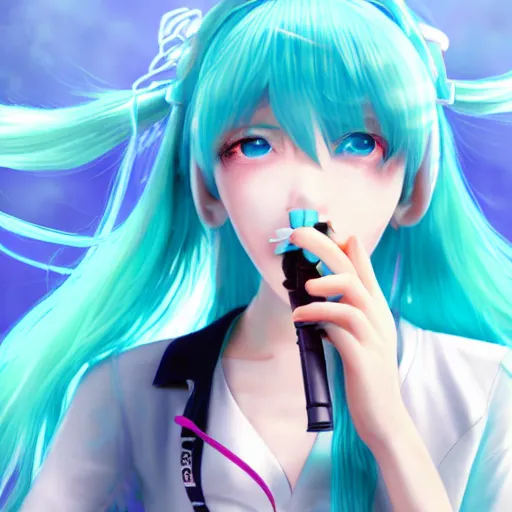 Image similar to hatsune miku smoking weed with a vape pen, smoke coming out of her mouth, bloodshot eyes, artstation, 4 k