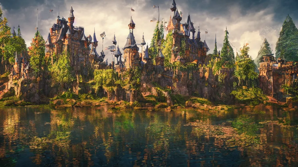 Image similar to fantasy castle, water color artwork, very very very beautiful scenery, hd, hdr, ue5, ue6, unreal engine 5, cinematic 4k wallpaper, 8k, ultra detailed, high resolution, artstation, award winning